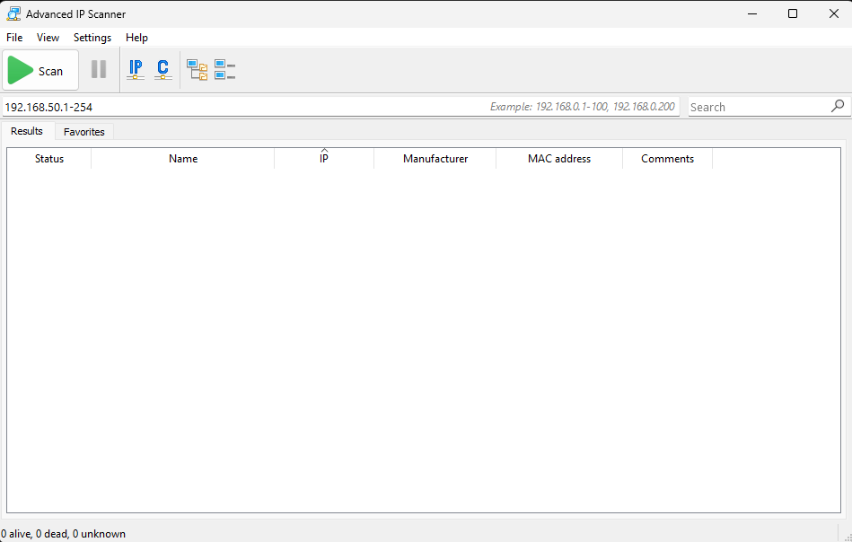 Advanced IP Scanner main window with the green Scan arrow