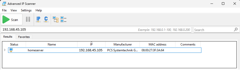 Advanced IP Scanner showing a server named homeserver and its local IP address