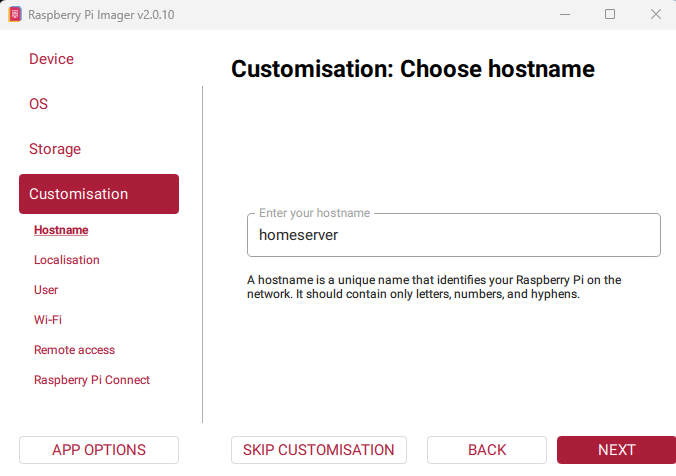 Raspberry Pi Imager hostname customisation screen
