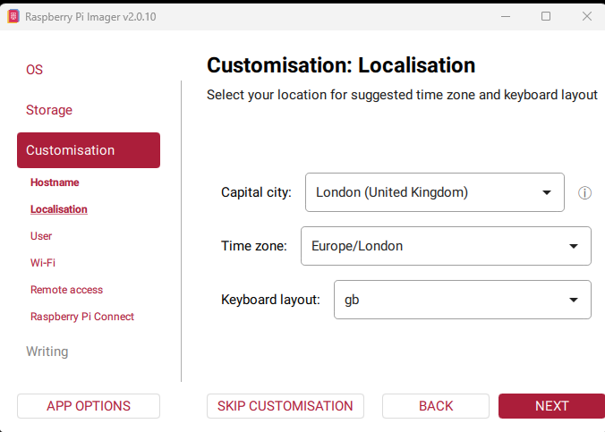 Raspberry Pi Imager localisation settings for London Europe London and gb keyboard