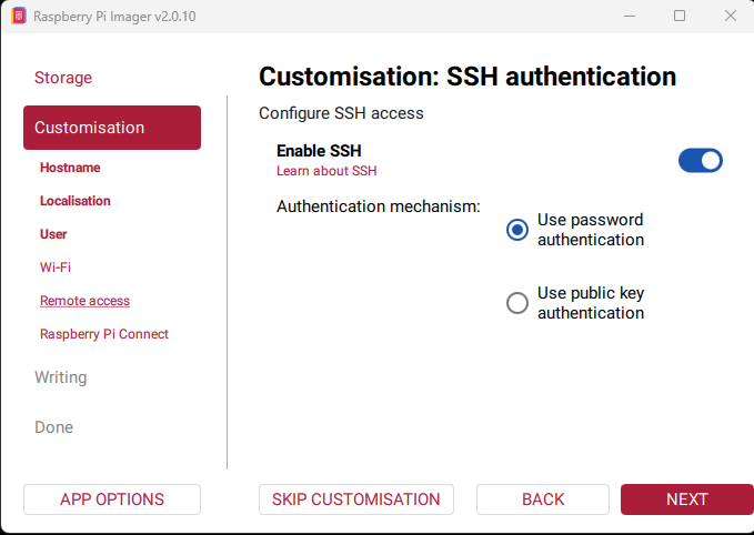 Raspberry Pi Imager SSH authentication screen with SSH enabled and password authentication selected