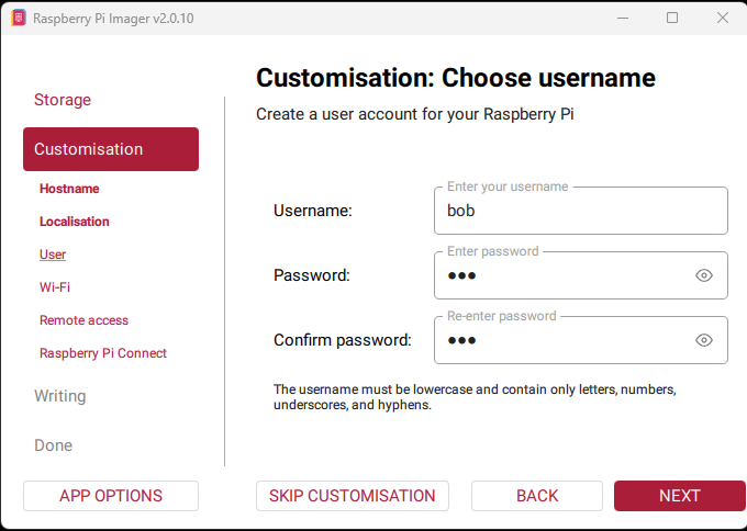 Raspberry Pi Imager username and password screen