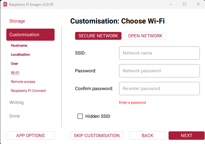 Raspberry Pi Imager Wi-Fi customisation screen