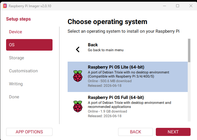 Raspberry Pi Imager showing Raspberry Pi OS Lite 64-bit selected