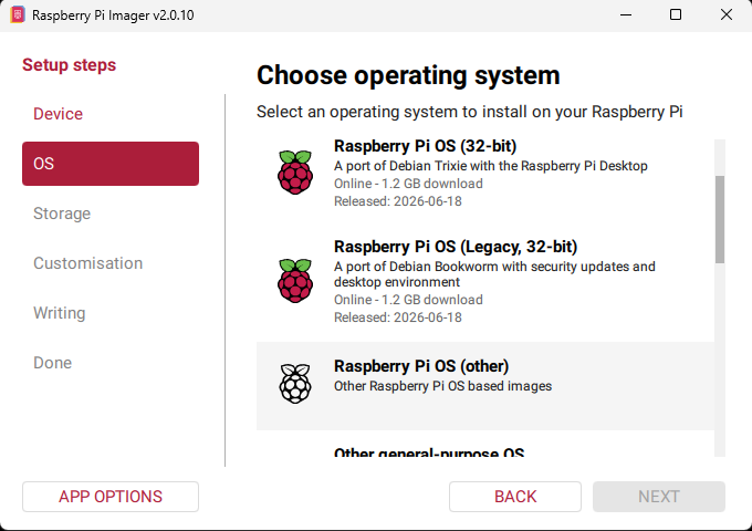 Raspberry Pi Imager operating system menu showing Raspberry Pi OS other