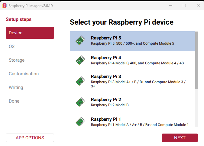 Raspberry Pi Imager device selection with Raspberry Pi 5 highlighted