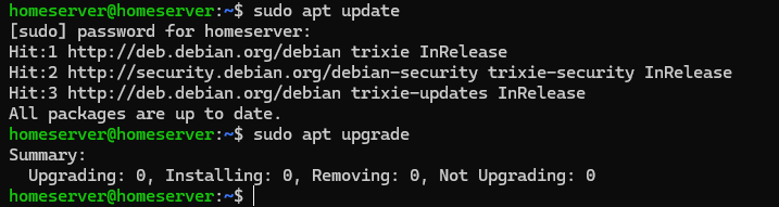 Linux terminal showing successful sudo apt update and sudo apt upgrade commands
