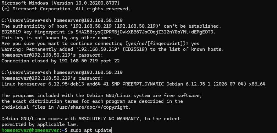 Windows Terminal connected to the Linux server and ready to run sudo apt update
