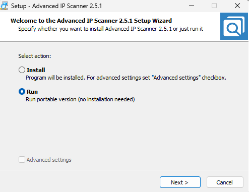 Advanced IP Scanner setup with Run selected