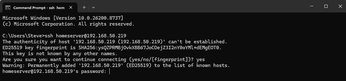 Windows Terminal showing the first SSH connection security question
