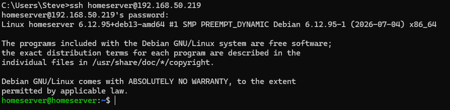 Windows Command Prompt successfully logged into a Debian Linux server using SSH
